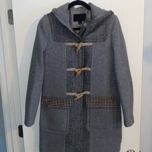 J Crew Collection Wool blend zip front Overcoat with hood and elbow patch. Sz 4